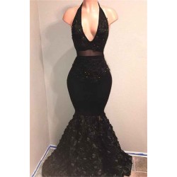 Black V-Neck Prom Party Gowns| Mermaid Evening Gown With Flowers Bottom