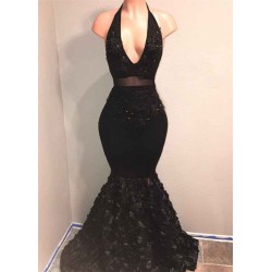 Black V-Neck Prom Party Gowns| Mermaid Evening Gown With Flowers Bottom