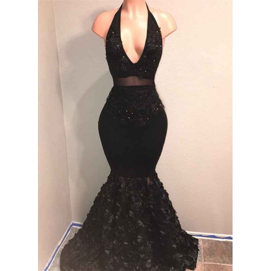 Black V-Neck Prom Party Gowns| Mermaid Evening Gown With Flowers Bottom
