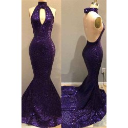 Sequins Halter Grape Prom Party Gowns| Backless Long Evening Gowns