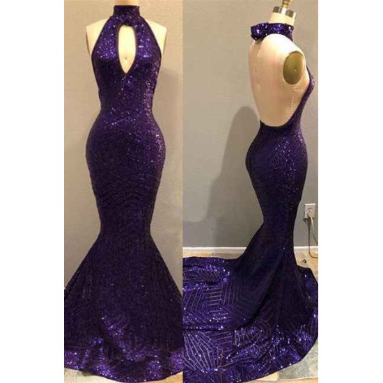 Sequins Halter Grape Prom Party Gowns| Backless Long Evening Gowns
