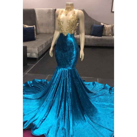 High Neck Illusion Neckline Sleeveless Long Train Appliques Mermaid Prom Gowns