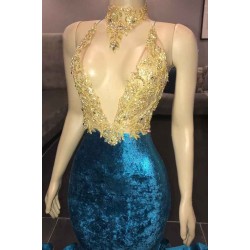 High Neck Illusion Neckline Sleeveless Long Train Appliques Mermaid Prom Gowns