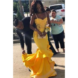 Open-Back Appliques Sleeveless Chic Stpaghetti-Straps Ruffles Mermaid Prom Dresses