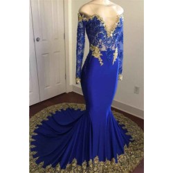 Off-the-Shoulder Royal Blue Prom Dresses Gold Lace Appliques Chic Evening Dress with Sleeve