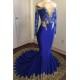 Off-the-Shoulder Royal Blue Prom Dresses Gold Lace Appliques Chic Evening Dress with Sleeve