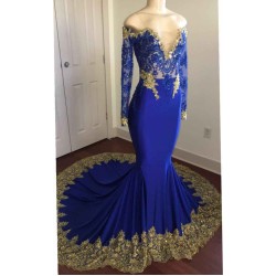 Off-the-Shoulder Royal Blue Prom Dresses Gold Lace Appliques Chic Evening Dress with Sleeve