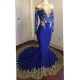 Off-the-Shoulder Royal Blue Prom Dresses Gold Lace Appliques Chic Evening Dress with Sleeve