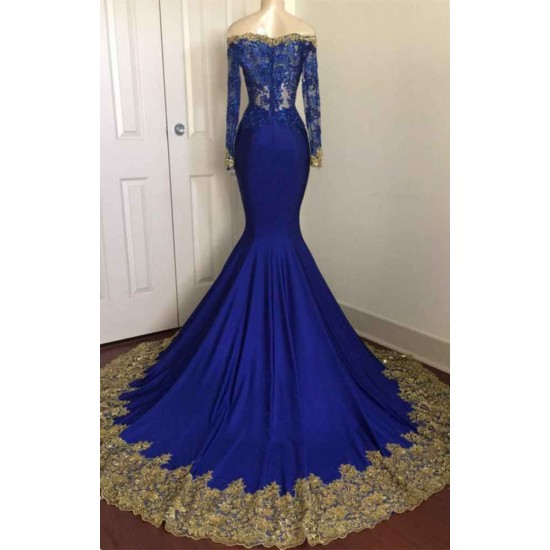 Off-the-Shoulder Royal Blue Prom Dresses Gold Lace Appliques Chic Evening Dress with Sleeve