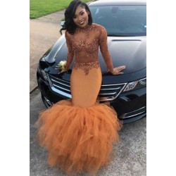 Modest Lace Appliques Mermaid Long Sleeves Prom Party Gowns