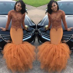 Modest Lace Appliques Mermaid Long Sleeves Prom Party Gowns