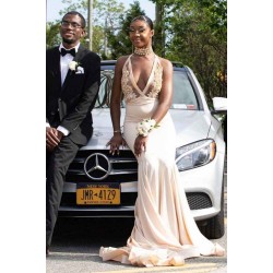 Halter Deep V-Neck Mermaid Evening Dress Appliques Prom Party Gowns
