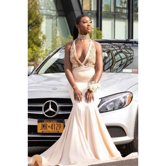 Halter Deep V-Neck Mermaid Evening Dress Appliques Prom Party Gowns