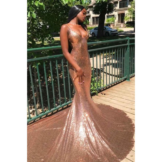 Chic Spaghetti Sequins Mermaid Prom Party GownsCharming V-Neck evening Wear