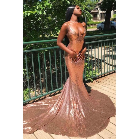 Chic Spaghetti Sequins Mermaid Prom Party GownsCharming V-Neck evening Wear