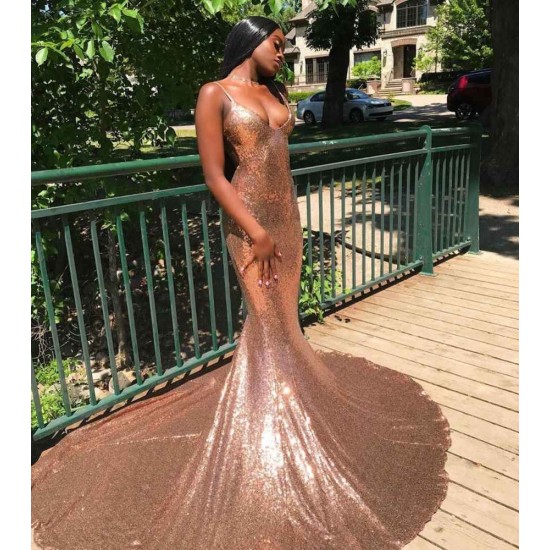 Chic Spaghetti Sequins Mermaid Prom Party GownsCharming V-Neck evening Wear