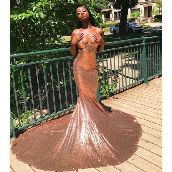 Chic Spaghetti Sequins Mermaid Prom Party GownsCharming V-Neck evening Wear