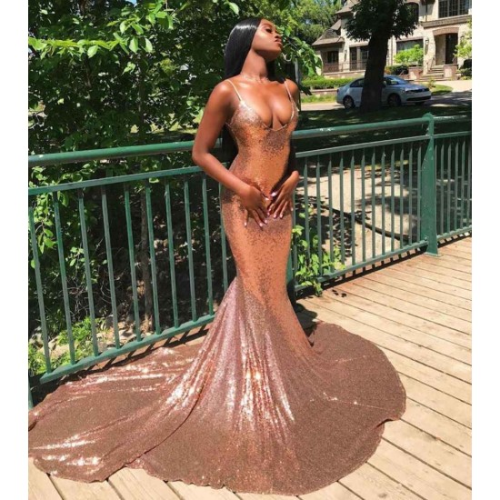 Chic Spaghetti Sequins Mermaid Prom Party GownsCharming V-Neck evening Wear
