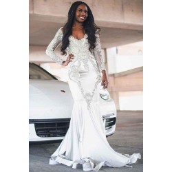 Long Sleeves Evening Gowns Lace Appliques Floor Length Prom Party Gowns