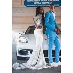 Long Sleeves Evening Gowns Lace Appliques Floor Length Prom Party Gowns