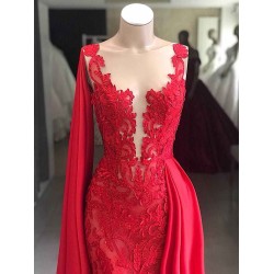 Lace Long Evening Dresses Sleeveless Red Prom Dresses with Cape