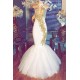 Halter Gold Beads Mermaid Prom Dresses Sleeveless White Evening Gown With Appliques