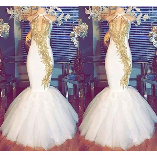 Halter Gold Beads Mermaid Prom Dresses Sleeveless White Evening Gown With Appliques