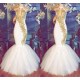 Halter Gold Beads Mermaid Prom Dresses Sleeveless White Evening Gown With Appliques