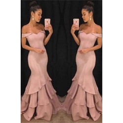 Chic Off-the-Shoulder Mermaid Prom Dresses Tiered Pink Ruffles Evening Gowns On Sale