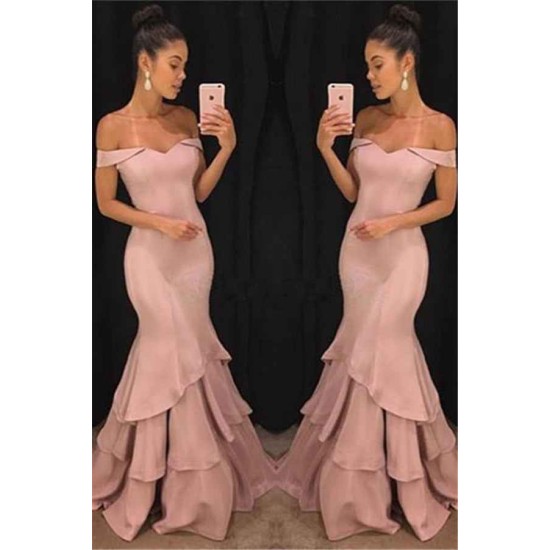 Chic Off-the-Shoulder Mermaid Prom Dresses Tiered Pink Ruffles Evening Gowns On Sale