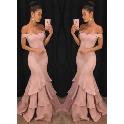 Chic Off-the-Shoulder Mermaid Prom Dresses Tiered Pink Ruffles Evening Gowns On Sale