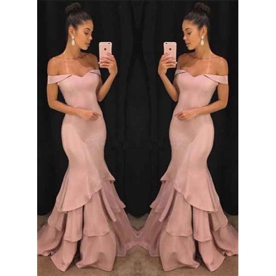 Chic Off-the-Shoulder Mermaid Prom Dresses Tiered Pink Ruffles Evening Gowns On Sale