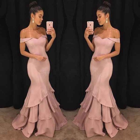 Chic Off-the-Shoulder Mermaid Prom Dresses Tiered Pink Ruffles Evening Gowns On Sale
