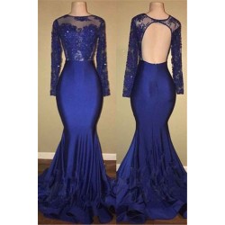 Chic Open Back Royal Blue Real Model Prom Dresses Lace Long Sleeves Mermaid Evening Gown