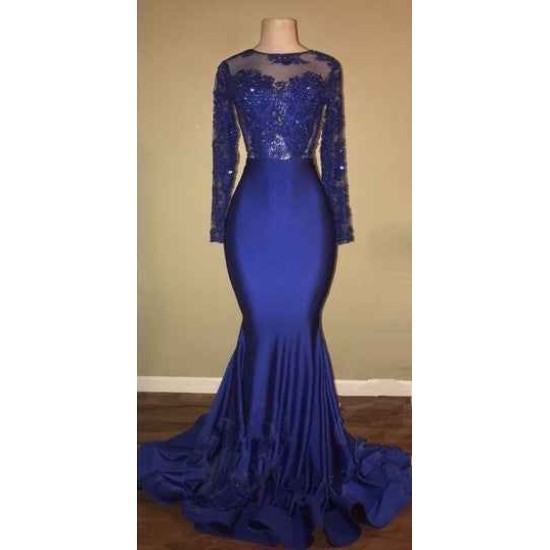Chic Open Back Royal Blue Real Model Prom Dresses Lace Long Sleeves Mermaid Evening Gown