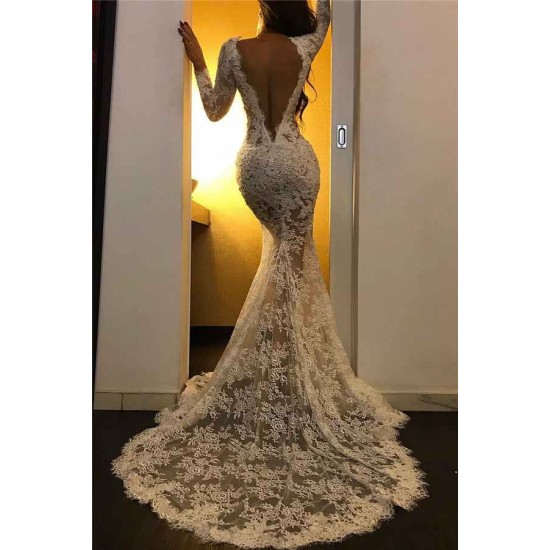 Lace Appliques Chic White Evening Dresses Long Sleeves Prom Dresses with Slit