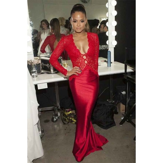 Trendy Red Lace Mermaid Prom Party Gowns Long Sleeves V-neck