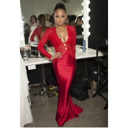 Trendy Red Lace Mermaid Prom Party Gowns Long Sleeves V-neck