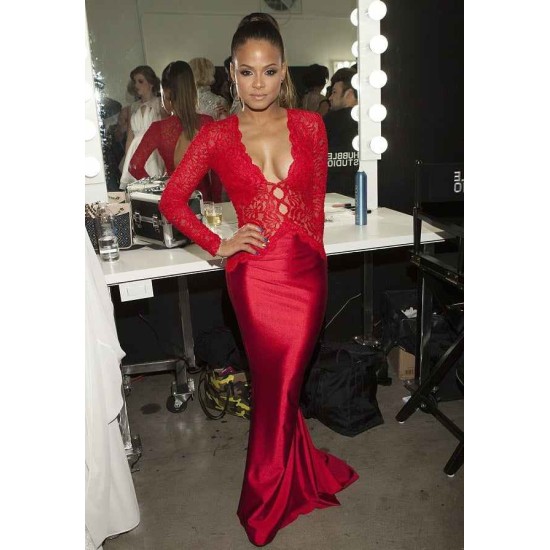Trendy Red Lace Mermaid Prom Party Gowns Long Sleeves V-neck