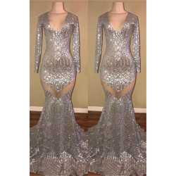Long Sleeves Sequins Prom Party Gowns| Mermaid V-Neck Evening Gowns