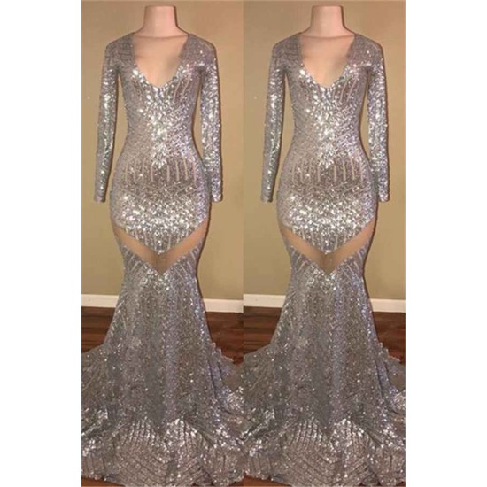Long Sleeves Sequins Prom Party Gowns| Mermaid V-Neck Evening Gowns