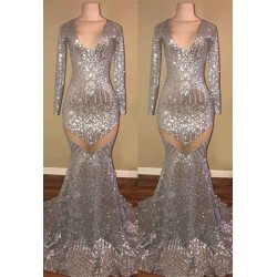 Long Sleeves Sequins Prom Party Gowns| Mermaid V-Neck Evening Gowns