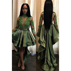 Chic See Through Lace Long Sleeves Prom Party Gowns| Hi-lo Dark Green Evening Dress