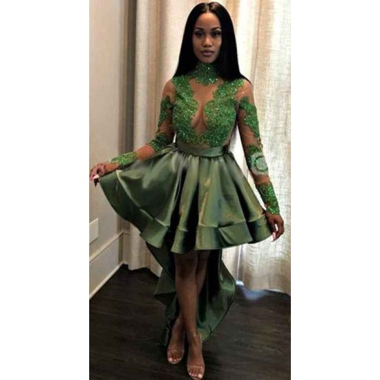 Chic See Through Lace Long Sleeves Prom Party Gowns| Hi-lo Dark Green Evening Dress