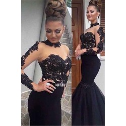 Gorgeous Black Lace Prom Party GownsLong Sleeves Mermaid Long Party Dress