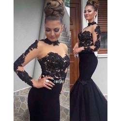 Gorgeous Black Lace Prom Party GownsLong Sleeves Mermaid Long Party Dress