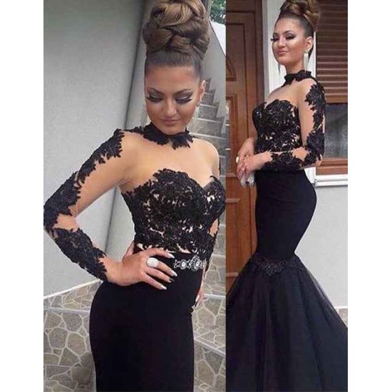 Gorgeous Black Lace Prom Party GownsLong Sleeves Mermaid Long Party Dress