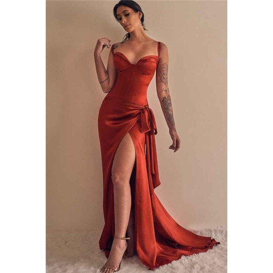 Spaghetti Strap A-line Prom Dresses Trendy Side Slit Evening Gowns