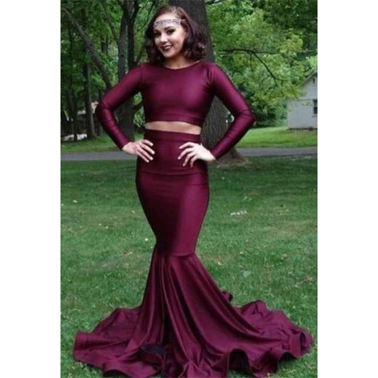Burgundy two piece prom dress Long mermaid evening gowns