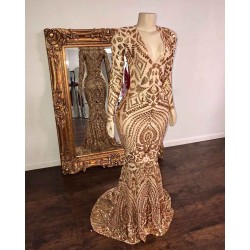 Champagne Sequins V-neck Long Sleevess Mermaid Prom Dresses